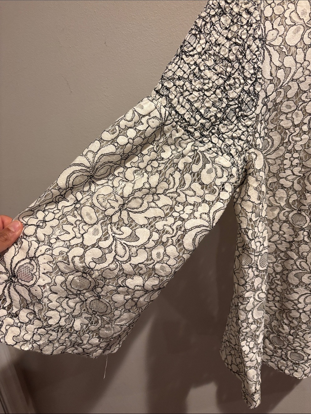 LOFT White and Black Lace-Effect Blouse with Smocked Sleeves - Picture 4 of 6